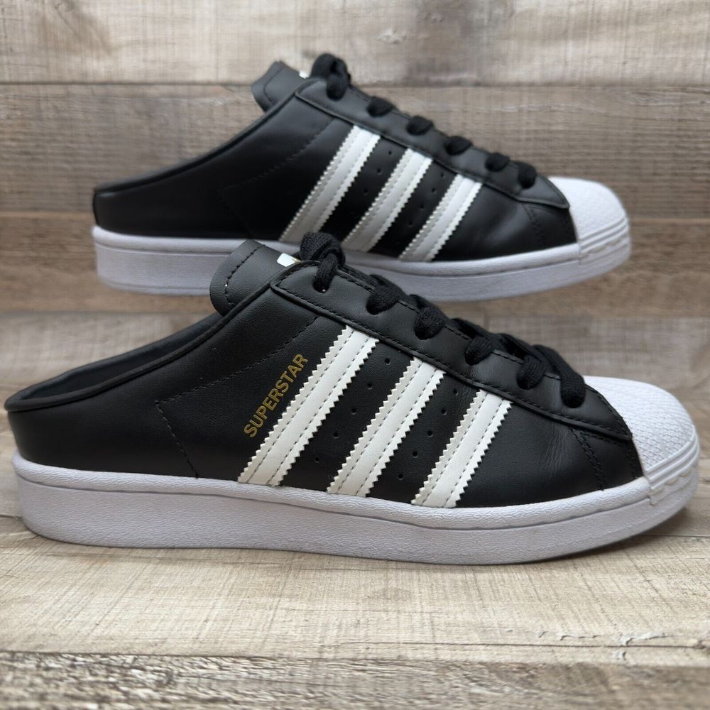 Adidas Superstar Slip On Mule Sneakers Womens 7 Black Leather White Gold Shoes